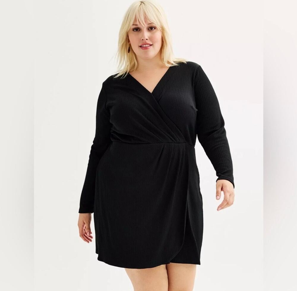 Nine West Faux Wrap Dress Black Knee Lenght Size 3X NWT V-Neck Long Sleeve